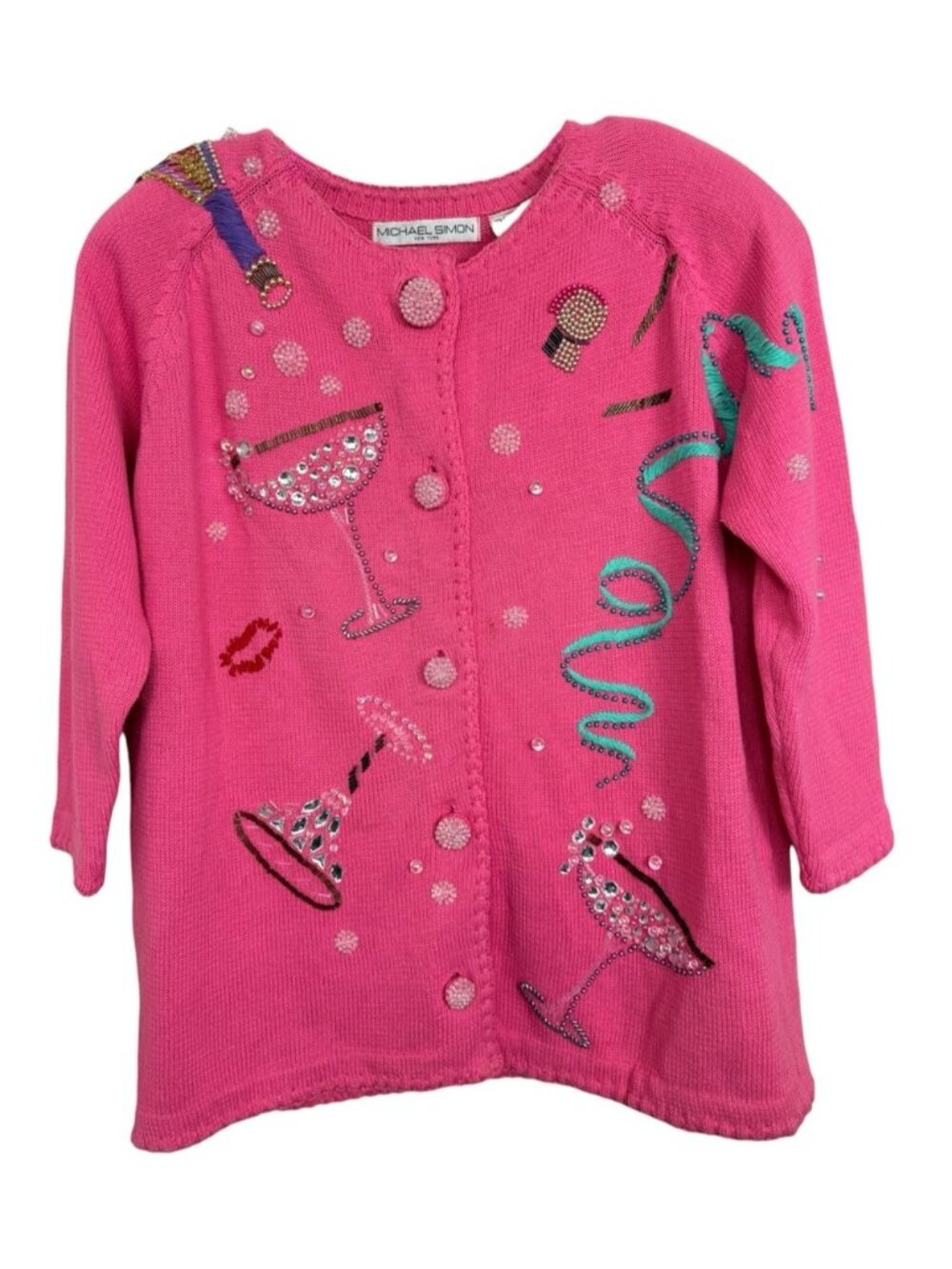 Michael Simon Pink Champagne Cocktail Beaded Sweater Sz Medium Large 90s Vintage